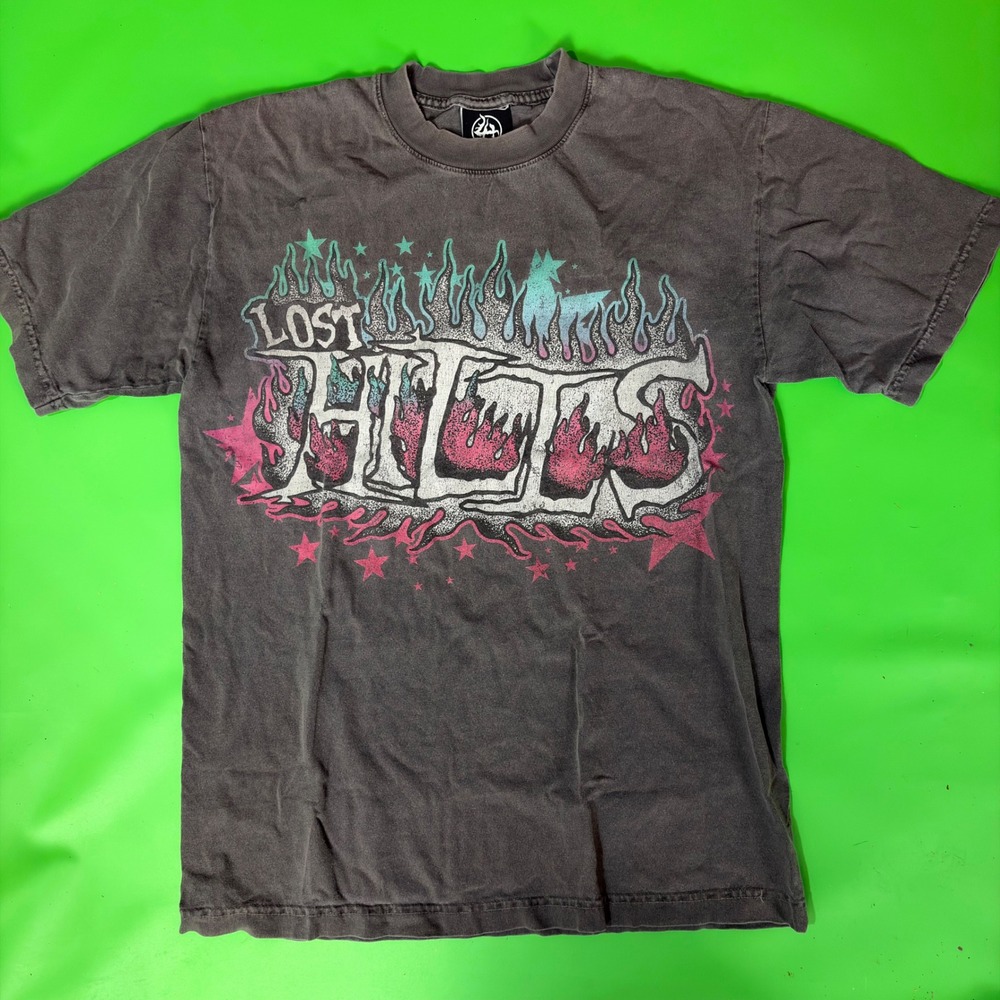 Lost Hills Graphic T-Shirt Mens S Grey Washed Flame Star Streetwear USA Made Tee